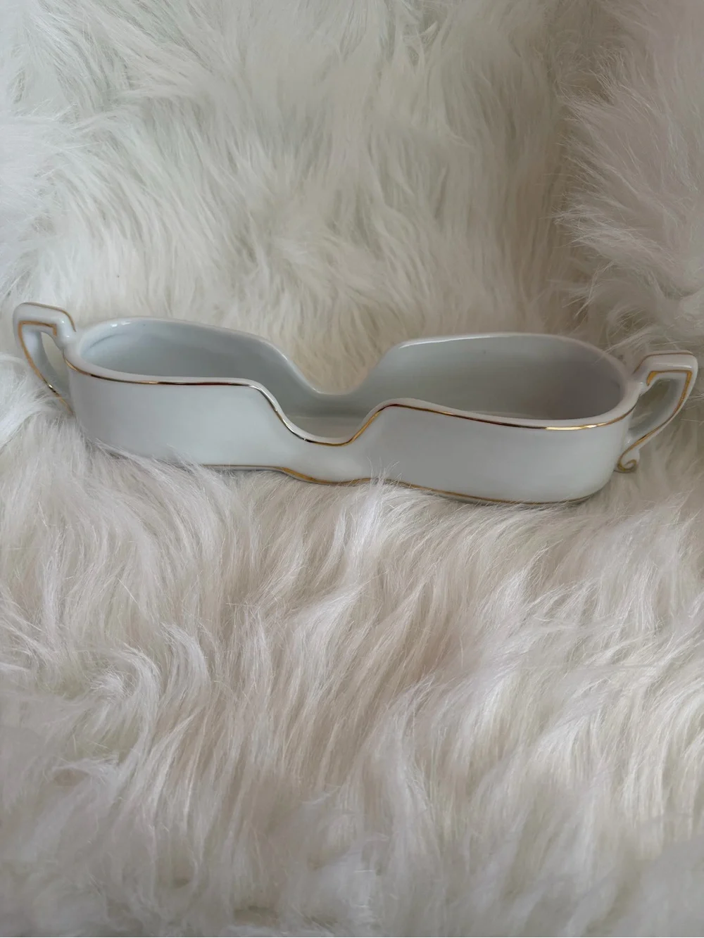 Elegant White Porcelain Utensil Holder Double Dish with Gold Trim